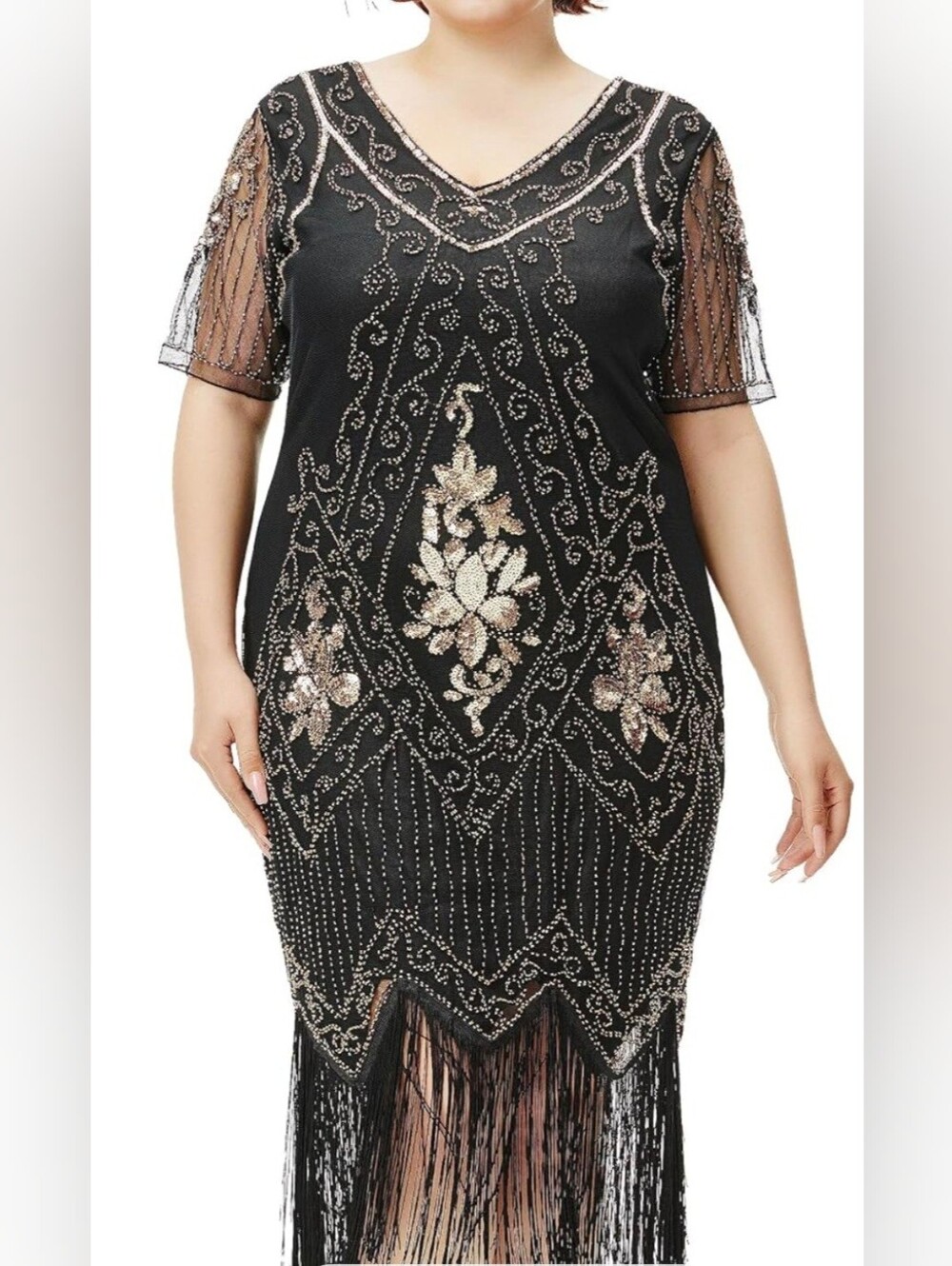 Plus Size Black Beaded Fringe Midi Dress with Metallic Floral Embellishment